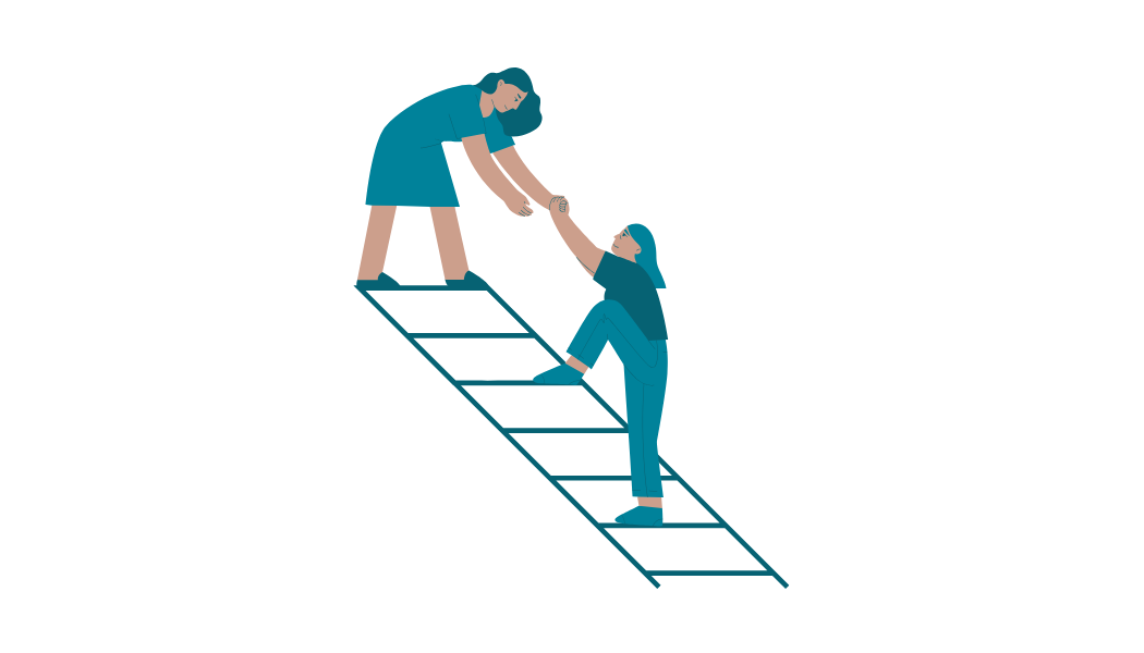 A girl helping another girl get up a ladder