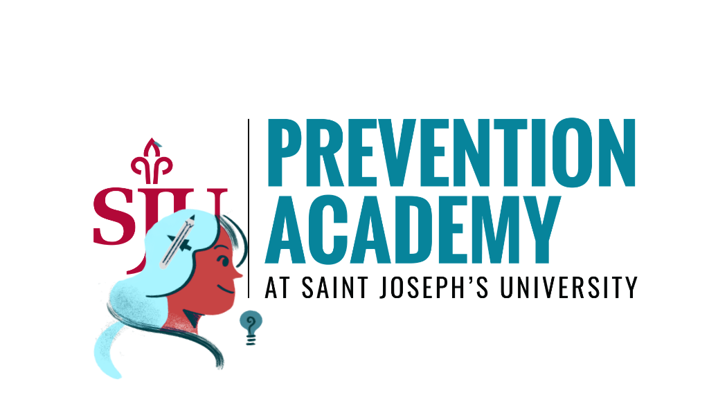 Prevention Academy Logo with a woman smiling and thinking in front of it