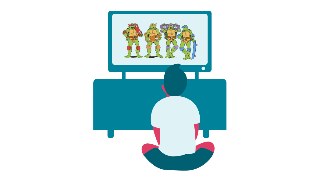 Graphic of a kid watching Teenage Mutant Ninja Turtles on the TV