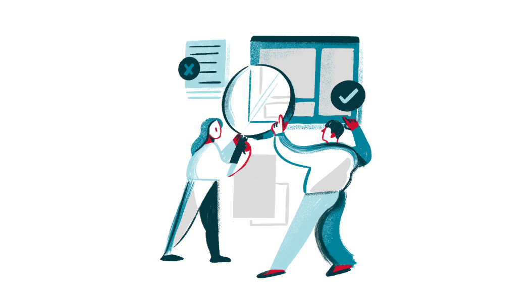 Graphic of people researching data with an oversized magnifying glass