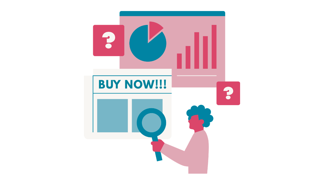 Graphic of a woman investigating an advertisement