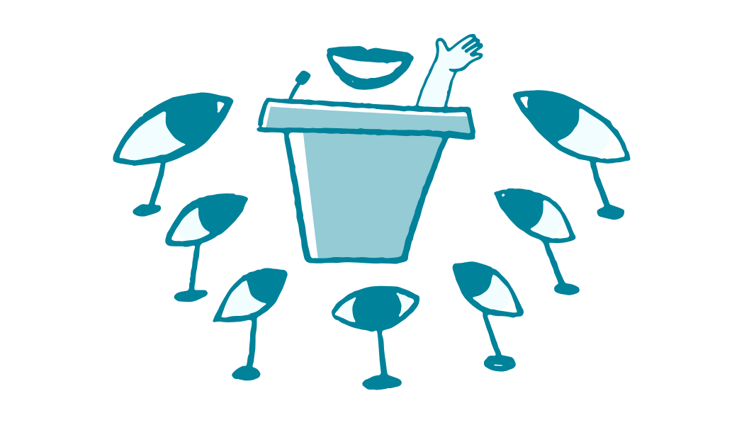 Graphic of a mouth at a podium being looked at by several eyes