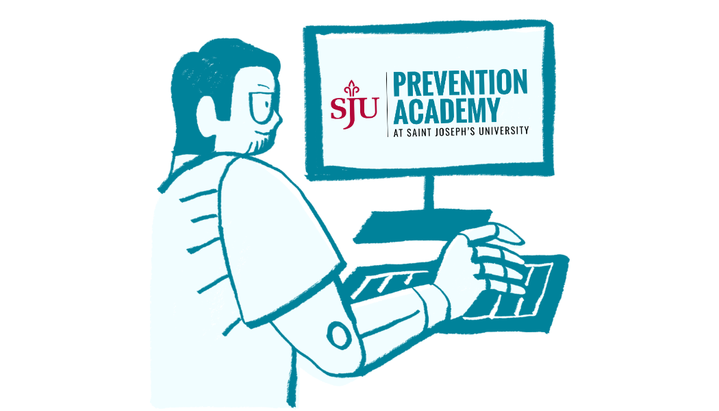graphic of a man looking at the Prevention Academy logo on a computer