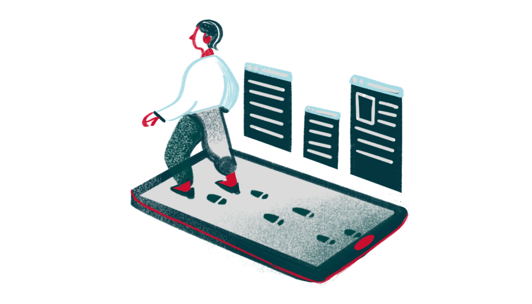 Graphic of a man walking across a phone with his footsteps and open tabs shown