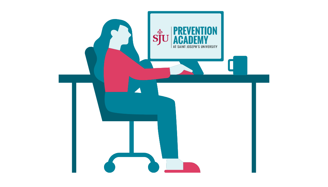 Graphic of a woman at a computer with a Prevention Academy logo