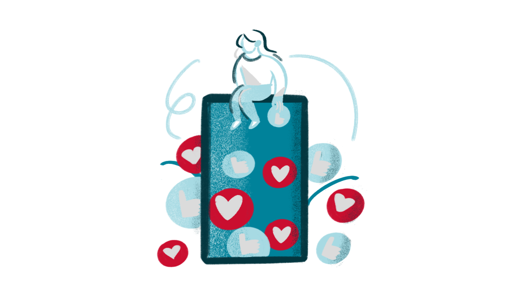 graphic of a woman sitting on a phone with likes and hearts