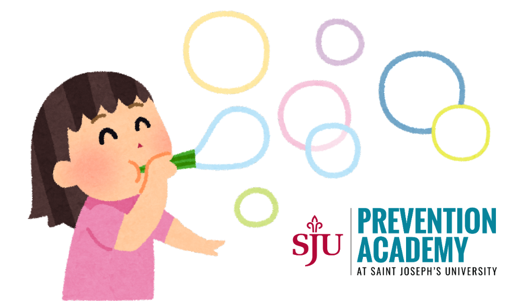 Child blowing bubbles around Prevention Academy logo