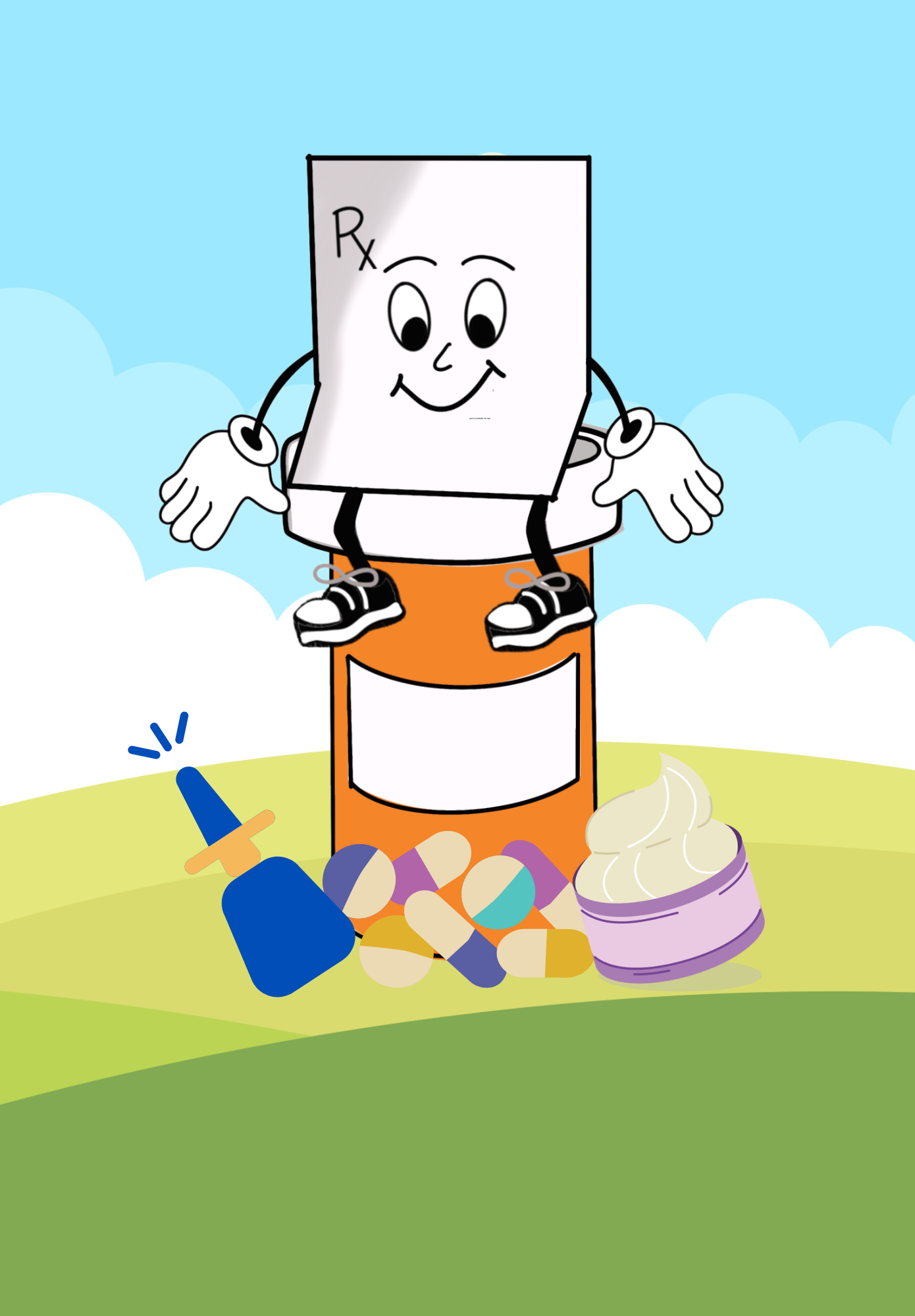 Illustration of an animated RX script sitting on top of a pill bottle on a hill