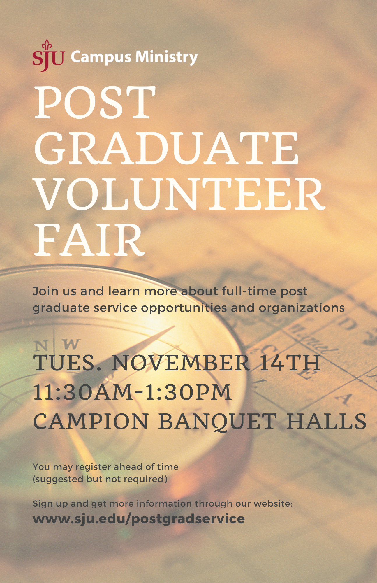 Flyer advertising Post Grad Volunteer Fair Nov 14th 11:30-1:30 Campion Banquet Halls
