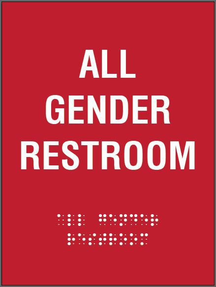 All Gender Restroom sign that is red with braille 