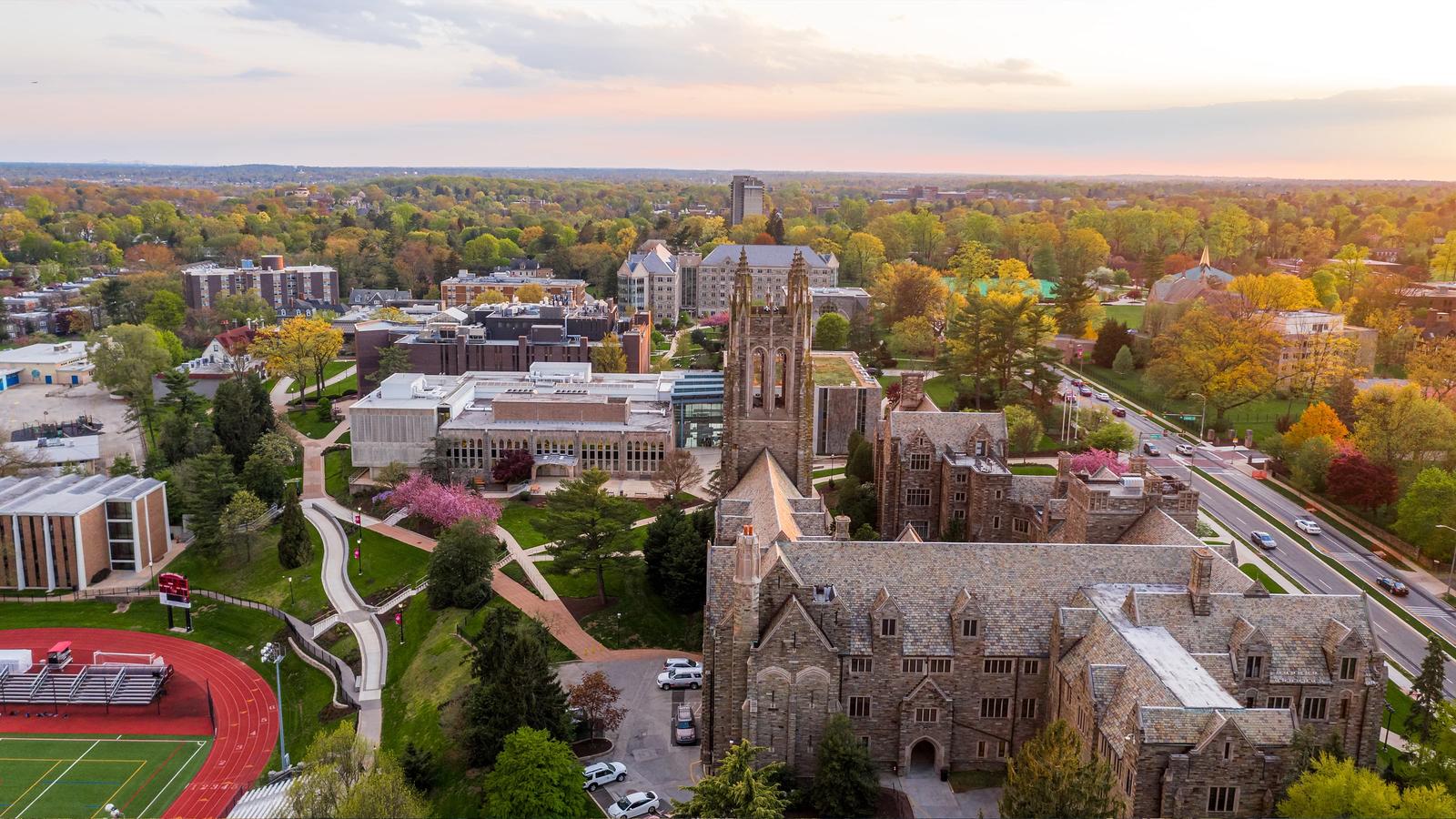 Aerial view of Saint Joseph's campus at sunset