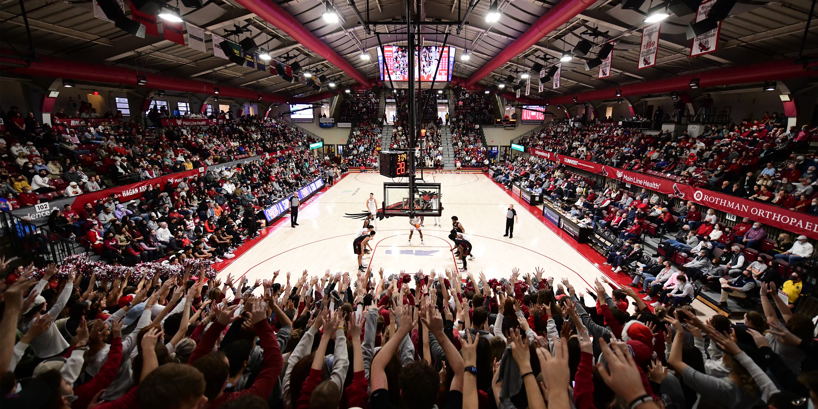 A basketball game taking place in Hagan Arena at Saint Joseph's University