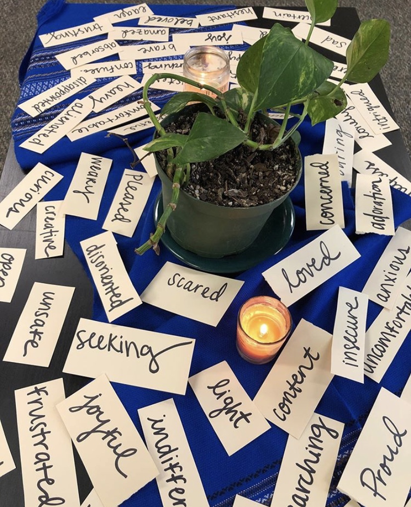 Pieces of paper with different words written on them scattered on a table