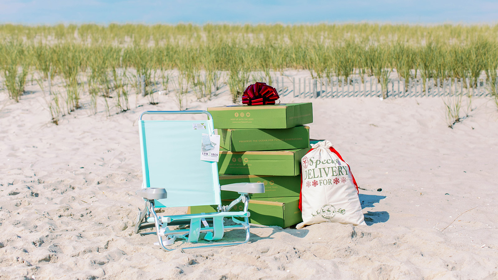 blue lowtides beach chair on the beach