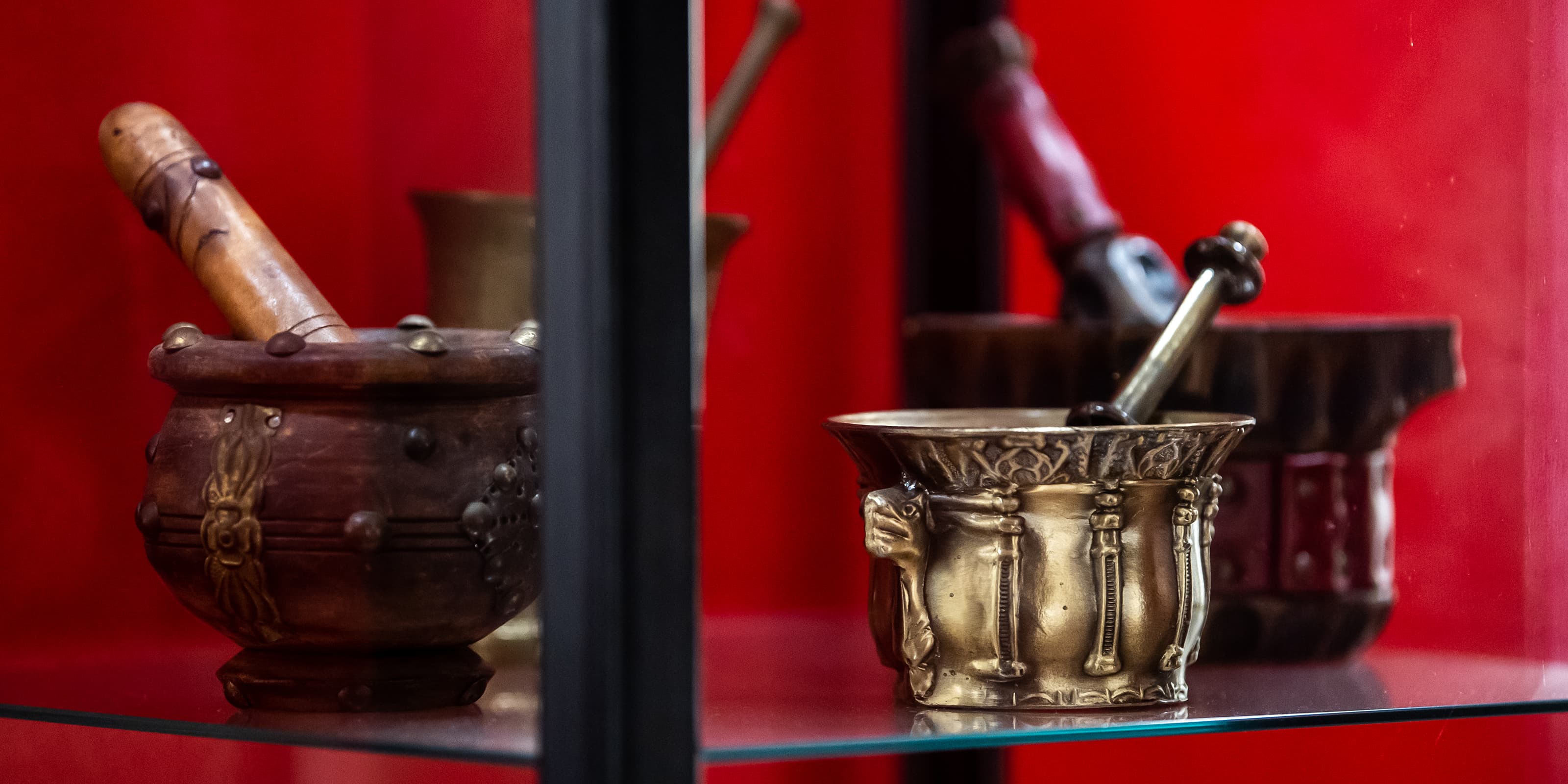 A closeup of an old mortar and pestle, used to create medicine