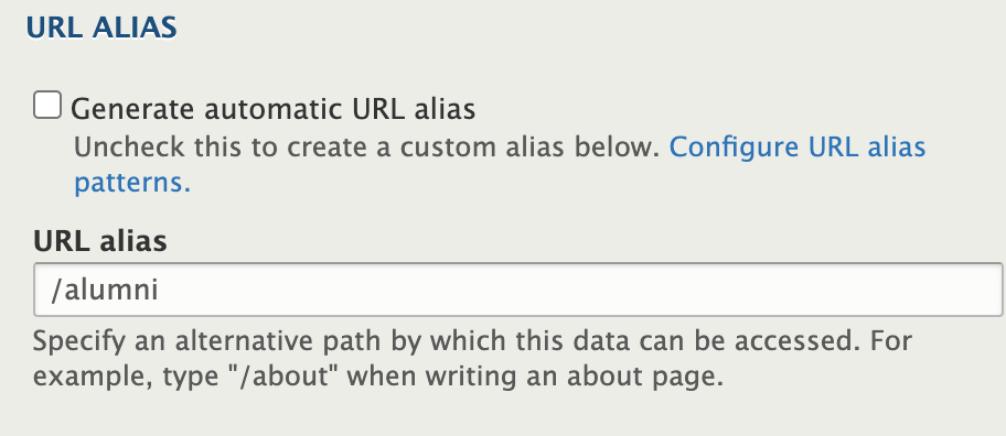 Screenshot of the field in Drupal that allows you to modify a URL alias