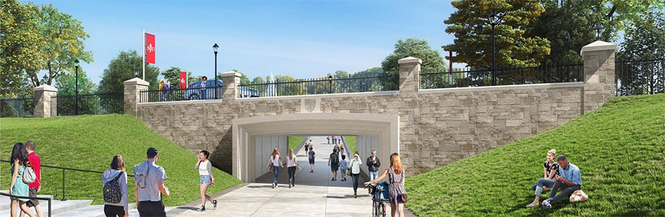 Saint Josephs students on their way to and from class walk through a tunnel that connects parts of Hawk Hill campus 