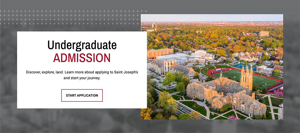 An aerial photo of Saint Joseph's University Hawk Hill campus with the text Undergraduate Admission beside it