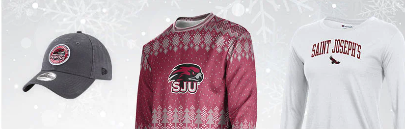 An SJU hat, sweater and long sleeve shirt on a white background with snowflakes