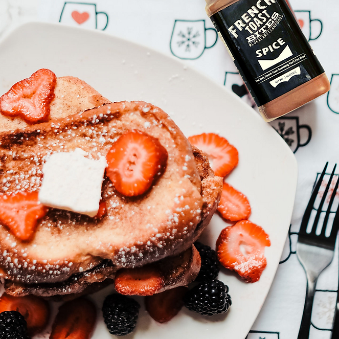 French toast on a plate with a bottle of french toast seasoning next to it