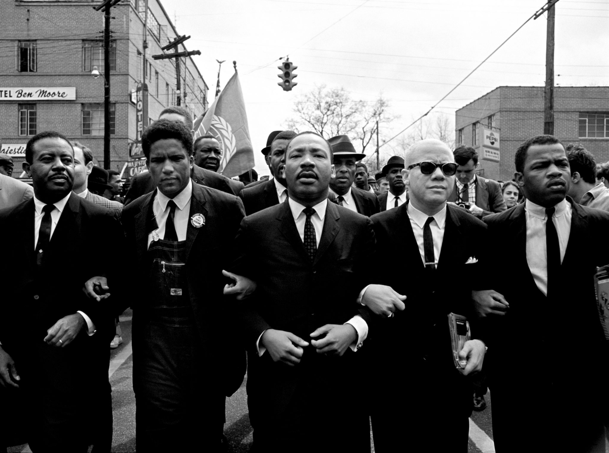 Martin Luther King, Jr. Leads Selma to Montgomery March Martin Luther King, Jr. leading march from Selma to Montgomery to protest lack of voting rights for African Americans. Beside King is John Lewis, Reverend Jesse Douglas, James Forman and Ralph Abernathy. (Photo by Steve Schapiro/Corbis via Getty Images)