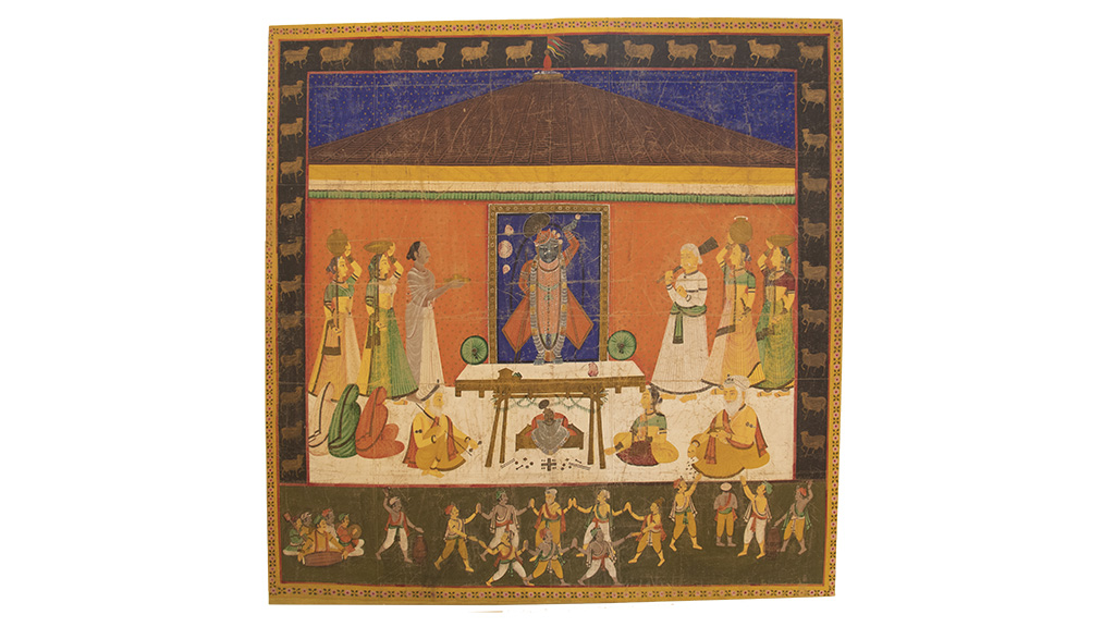 A SHARAD PURNIMA PICHVAI. A ‘pichvai’ is a large-scale painting produced to be hung in a Pushti Marg shrine. The Pushti Marg (Path of Grace) is a Hindu sect that focuses on the worship of Krishna. This ‘picchvai’ depicts the Sharad Purnima festival, which takes place during the Autumn full moon.