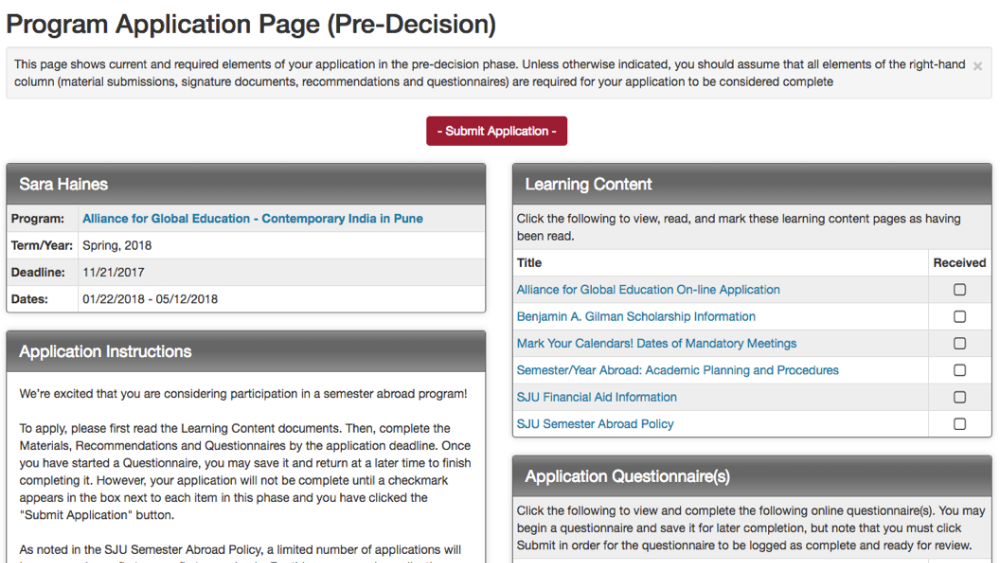 SJU application process for study abroad screenshot