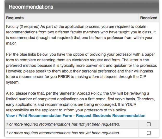 SJU recommendations section of the study abroad application screenshot