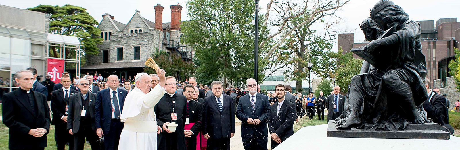 Pope Francis blesses the Nostra Aetate statue at Saint Joseph's University