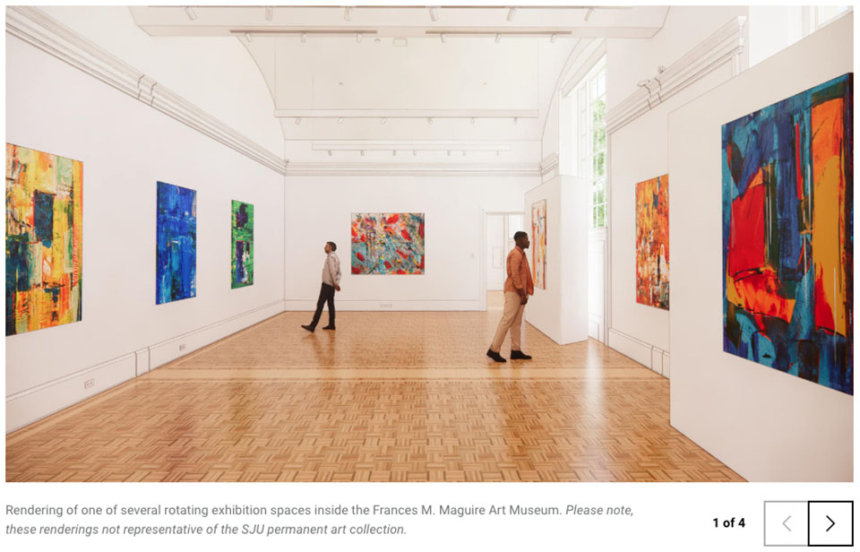 A rendering of two men wandering a white-walled gallery space in the Maguire Art Museum admiring paintings on the wall