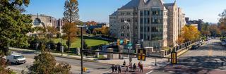 villiger hall and street view at saint joseph's university in the fall season