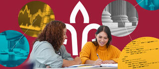 The SJU logo superimposed under an image of a student and advisor working together