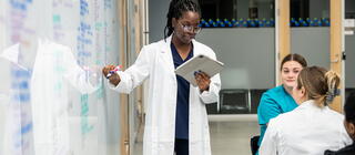 professor writing on a whiteboard as two seated students look on