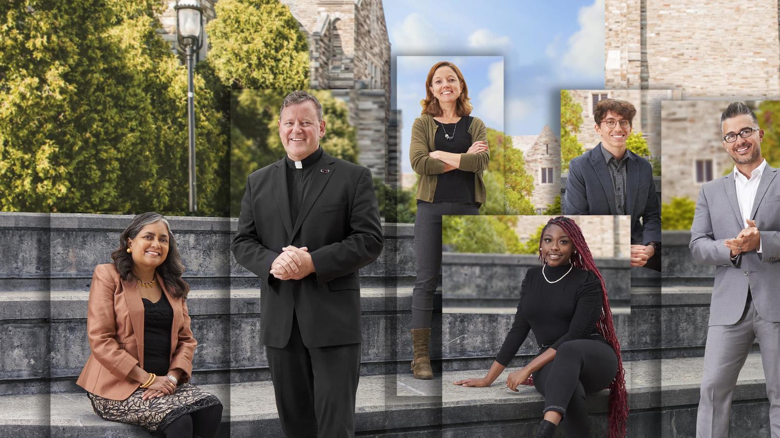 faculty and students at saint joseph's university, either standing by or sitting on the steps