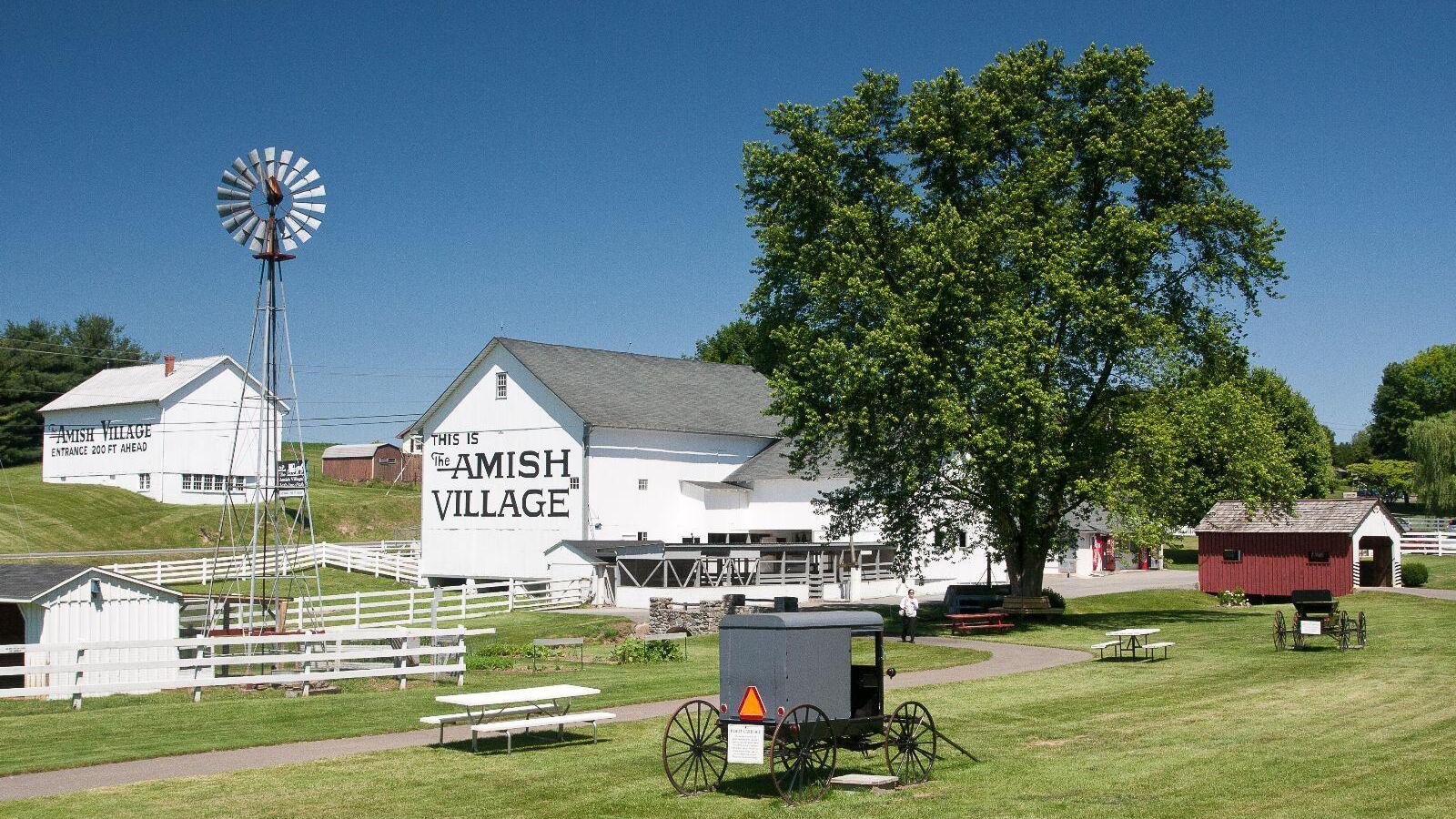 A white wooden barn surrounded by green grass and trees
