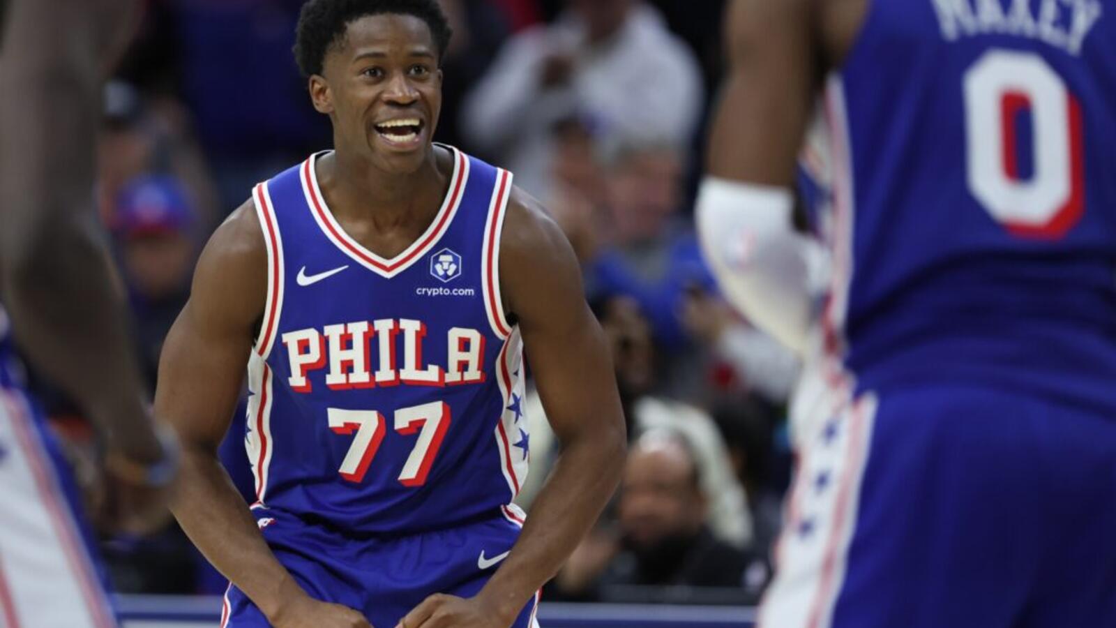 Basketball players excited on the court