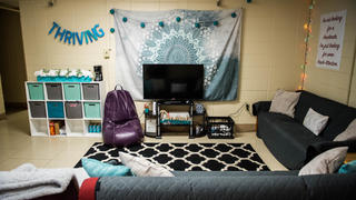 A lounge on a residence hall floor with two couches and a television