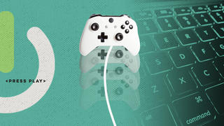 Illustration showing a gaming console with the words press play and a power button for Saint Joseph's University Esports program