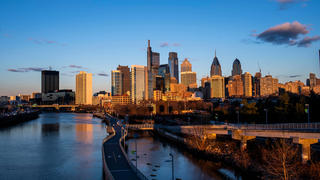 Philadelphia skyline near Saint Joseph's University