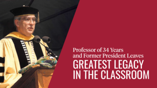 Fr. Rashford speaking at commencement. Copy to the right says, "Professor of 34 Years and Former President Leaves Greatest Legacy in the Classroom"
