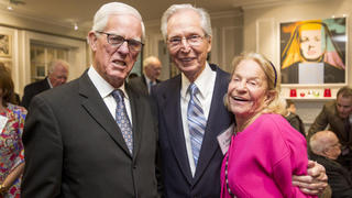 In 2016, the Maguires, along with J. Eustace Wolfington ’56 (center), made a generous gift that allowed Saint Joseph's to acquire the former Cardinal's Residence. The main building on the Marcy Dugan Wolfington Campus, as it is now known, was named the Maguire Wolfington Welcome Center, and now serves as the first stop for prospective students visiting SJU.