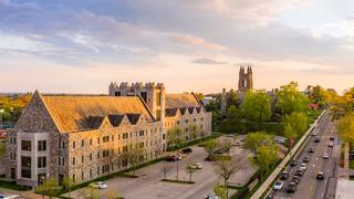 Aerial sunset view of Mandeville Hall looking down City Avenue