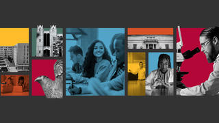 University Report cover, collage of students, faculty and buildings on red, yellow, blue and green backgrounds