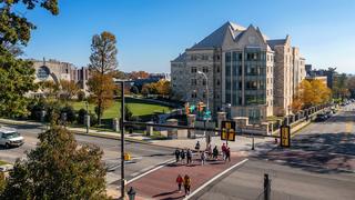 villiger hall and street view at saint joseph's university in the fall season
