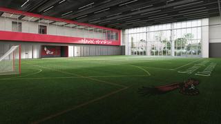 Illustration of basketball training facilities indoors with Saint Joseph's University basketball players practicing