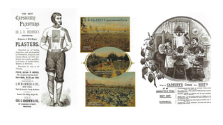 Capsicum Plaster Ad from 1880 (left), Ad for Eli Lilly & Co. Experimental Farm (middle), and Cadbury Cocoa Advertisement (right)