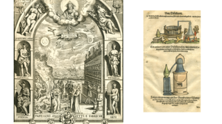 Art from Botanicals to Braque Exhibit: Pharmaceutical theatre, wood engraving, in Antonio de Sgobbis, Nuovo, et ubiversale theatro farmaceutico ... Venice, 1667 and Distillation apparatuses, hand-colored woodcut, in Johannes von Cuba and Eucharius Rösslin, Kreuterbuch ..., Frankfurt am Main, 1550