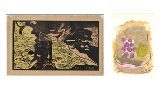 Artwork from Botanicals to Braque Exhibit: Paul Gauguin, two woodcuts for the book project Noa Noa (Fragrance, Fragrance): Auti Te Pape (Women at the River) and Te Po (The Night), designed 1893-94 and Georges Braque, still life with fruit, signed lithograph from Kronenhalle, 1862- 1922-1962, edited by Manuel Gasser, Zurich and Paris, 1962