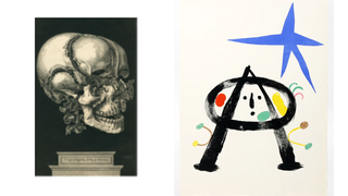 Artwork from Botanicals to Braque Exhibit: Human skull, wood engraving, in Henry H. Smith, M.D., Anatomical atlas, illustrative of the structure of the human body, Philadelphia, 1859, frontispiece and Joan Miró, figure with a star, lithograph from Tristan Tzara, Parler Seul, Paris,1948-50
