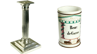 Circa 1821 exhibition: Candlestick; sterling silver; Boston, Bigelow, Kennard & Company, c. 1845–60 and Pharmacy jar inscribed Beur: de Cacao; porcelain; France, c. 1820–40